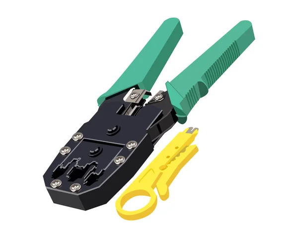 Beyaz arkaplanda Vektör İllüstrasyon Crimping Triple (RJ-45 + RJ-11 + Cutter) izole edildi. Marangozluk el aletleri.