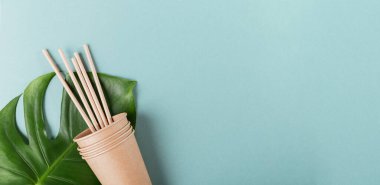 Açık mavi arka planda el sanatları kağıdından yapılmış çevre dostu tek kullanımlık aletler. Kamış, kağıt bardak ve büyük yeşil yaprak.