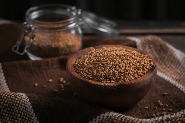 Bowl Fenugreek Dry Seeds Dark Wooden Background Healthy Food Ayurveda — Stock Photo, Image