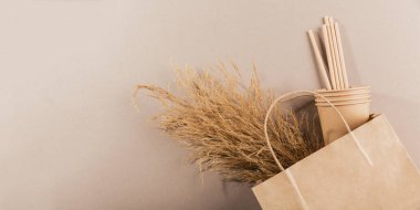 Tek kullanımlık kağıt sofra takımı. Bej arka planda fincanlar ve pipetler. Plastiksiz ve sıfır atık kavramı.