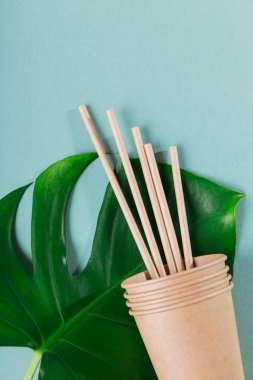 Açık mavi arka planda el sanatları kağıdından yapılmış çevre dostu tek kullanımlık aletler. Kamış, kağıt bardak ve büyük yeşil yaprak.