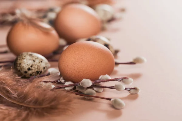 Szczęśliwa kartka wielkanocna z naturalnym kolorem jaj i piór — Zdjęcie stockowe