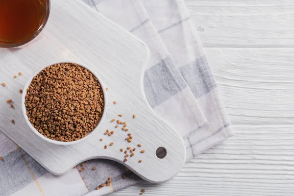 Bowl Fenugreek Dry Seeds White Wooden Background Healthy Food Ayurveda — Stock Photo, Image