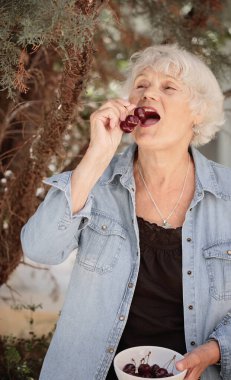 Yaşlı kadın elinde bir kase olgun kiraz tutuyor ve tatlı meyveler yiyor.