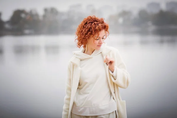 Attractive Stylish Woman Dressed White Warm Coat Holding Yellow Leaves — Stock Photo, Image