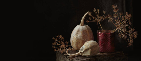 Art autumn dried Pumpkin and flowers thanksgiving still life in a rustic style on a dark wooden background. Autumnal composition for Thanksgiving Day