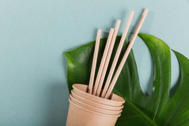 Tek kullanımlık kağıt sofra takımı. Açık mavi arka planda kağıt bardaklar ve pipetler. Plastiksiz ve sıfır atık kavramı.