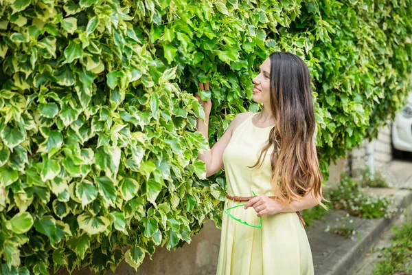 Žena Obklopená Bujnými Zelenými Rostlinami Dotýkající Listí Běloška Zdi Oblečená — Stock fotografie