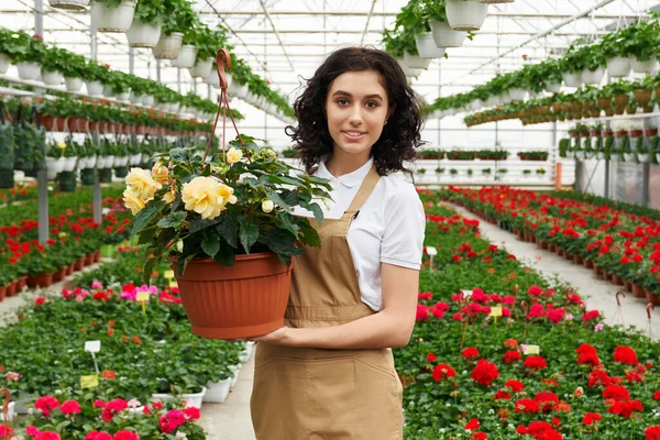 Smiling woman holding pot with beautiful yellow flower. — Stock Photo, Image