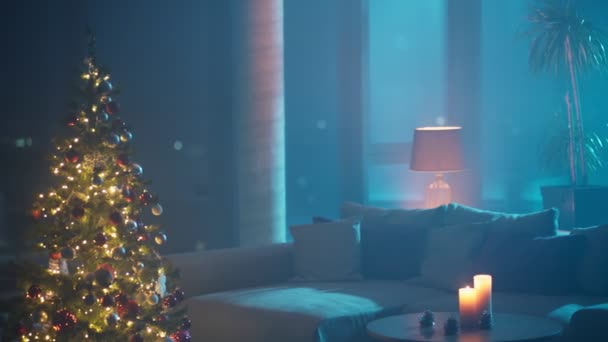 Woonkamer met bank, planten, kaarsen en kerstboom — Stockvideo