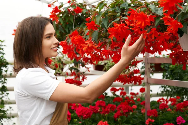 Mooie jonge vrouw ruiken mooie rode bloemen. — Stockfoto