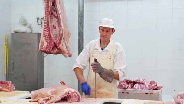 М'ясний заточувальний ніж і різання м'яса . — стокове відео