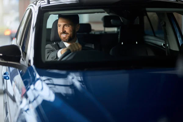 Happy businessman choosing car at modern salon — Stockfoto