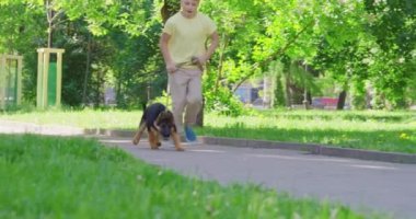 Şehir parkında neşeli bir köpek yavrusuyla koşan neşeli çocuk.