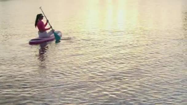 Mujer activa haciendo ejercicios nocturnos sup board — Vídeo de stock