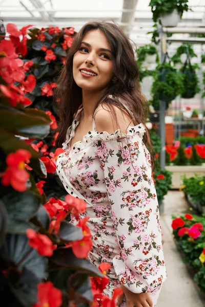 Tarjous brunette mekko poseeraa lähellä värikkäitä kukkia — kuvapankkivalokuva