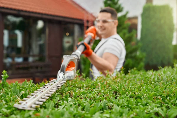 Mann i vernebriller og hansker klipper busker i hagen – stockfoto
