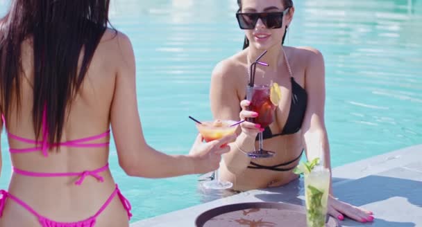 Duas mulheres descansando na piscina com coquetéis refrescantes — Vídeo de Stock