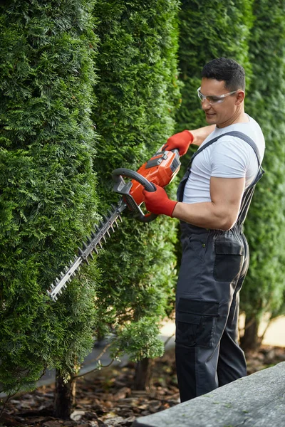 Jardinero en uniforme usando cortador de setos eléctrico para el trabajo — Foto de Stock