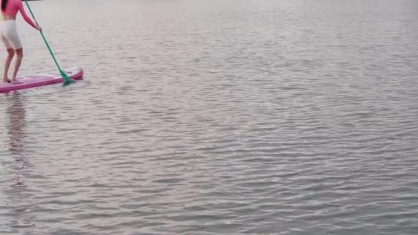 Mujer remando con paleta larga en sup board en el lago de la ciudad — Vídeos de Stock