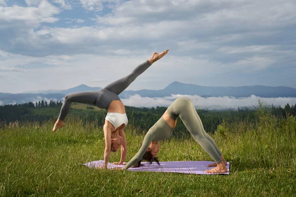 Donne attive che allungano il corpo sul tappetino yoga all'aperto — Foto Stock