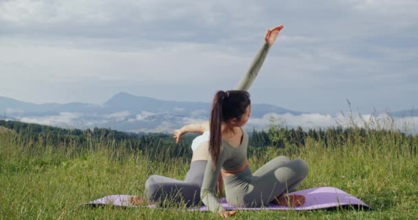 Dvě ženy dělají flexibilní cvičení na podložce na jógu venku — Stock video