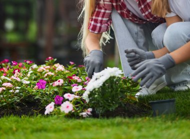 Anne ve kızının bahçeye çiçek dikmesine yakın.