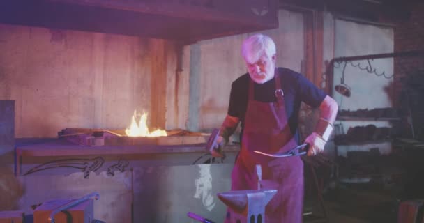 Blacksmith working hard in smithy. — 비디오