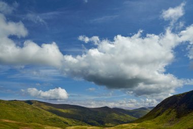 Gökyüzünde yüzen devasa kümülüs bulutları çimenli çayırlarda gölgeler bırakır.. 