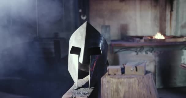 Metal helmet for protecting knights. — Stock video
