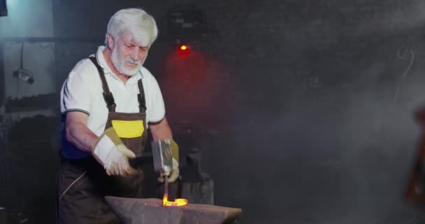 Old male with grey hair and beard working in smithy. — Stock video