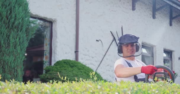 Caucasian man in safety mask and gloves pruning bushes in backyard. — 비디오