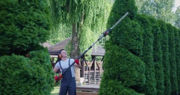 Professional gardener in earmuffs using electric trimmer for cutting thujas. — Video