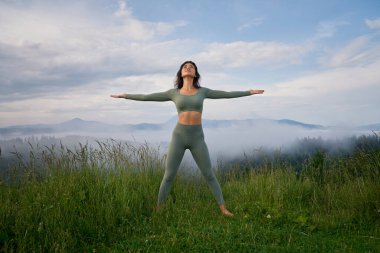 Kazanan poz vermek için dağın tepesinde çimlerin üzerinde duran kadın.