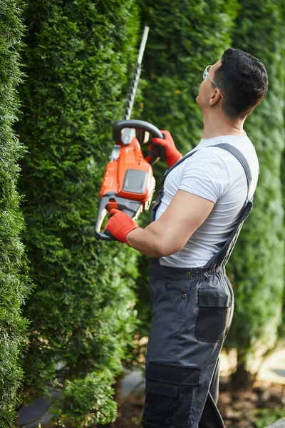 Gardener in uniform using electric trimmer for shaping hedge — Foto de Stock