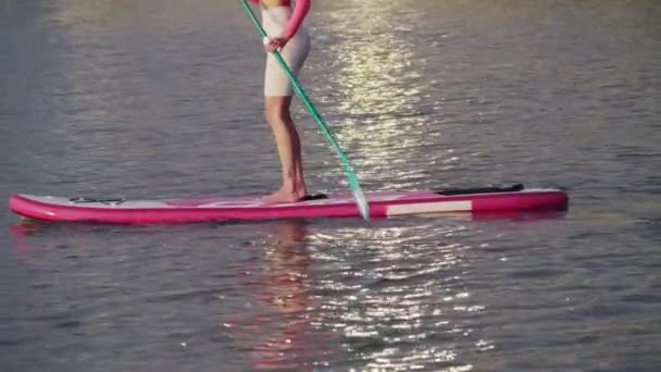 Woman with slender legs floating on paddle board — Stockvideo