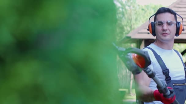 전문적 인 수컷 일 꾼 이 정원에서 나무와 계절 작업을 하고 있다. — 비디오