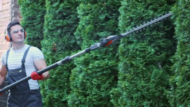 Professional gardener in earmuffs using electric trimmer for cutting thujas. — Stok video