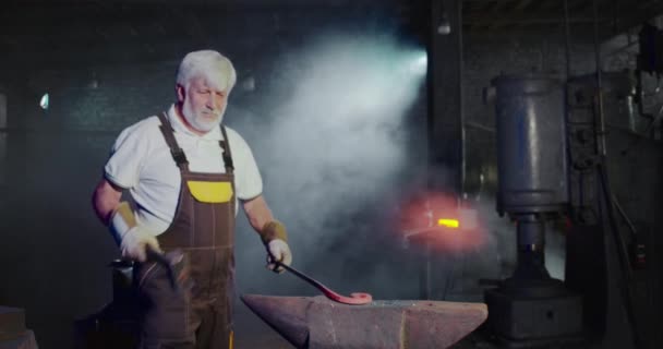 Blacksmith forging metalwork in smithy. — Stockvideo