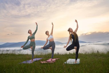 Dışarıda yoga yapan üç genç kadın.