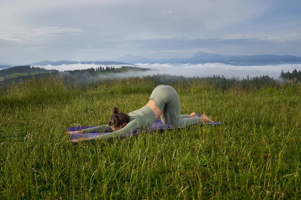 Donna attiva che fa esercizi flessibili tra la natura estiva — Foto Stock