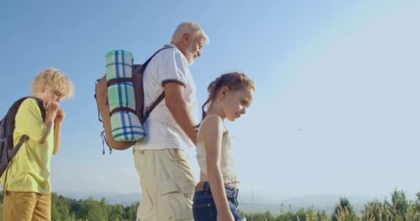 Side view of tourists walking, going forward together, enjoying great sunny weather. Old man with rucksack leading, children following. Concept of traveling and hiking in hills — Stock Video
