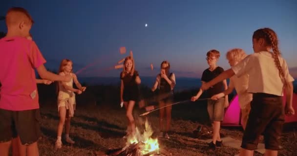 Vista lateral de los niños criando, freír salchichas en la chimenea en verano. Niños haciendo senderismo, cenando en las montañas cerca de la tienda roja. Concepto de viajar, estilo de vida saludable. — Vídeos de Stock