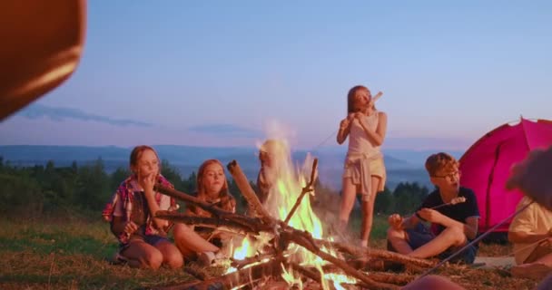 Adolescents joyeux assis autour du feu de camp, chantant au camping. — Video