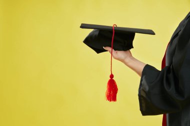 Avucunda havan topu tutan kız öğrencinin yakın çekimi. Mezuniyet elbisesi giyen, şapkasını takan, üniversiteden mezun olan bir kız. Don Green stüdyo geçmişini izole et,