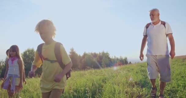 Framsidan Medelålders Man Och Barn Promenader Ner Grön Kulle Sommaren — Stockvideo