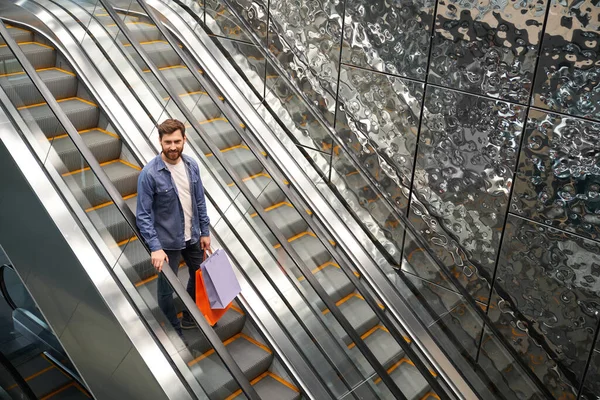 View Young Male Beard Standing Going Escalator Stylish Brunette Man — Stock Photo, Image