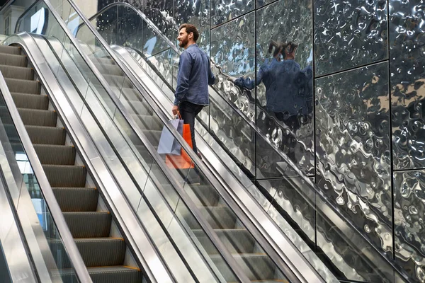 Back View Stylish Young Man Going Escalator Boy Beard Shopping — Stock Photo, Image