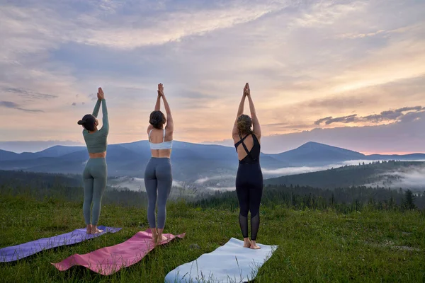 Rückenansicht Von Drei Fitness Frauen Sportkleidung Die Der Freizeit Meditation — Stockfoto