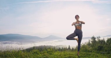 Spor elbiseli aktif genç bir kadın tek ayak üzerinde dengede duruyor ve dışarıda meditasyon yapıyor. Arka plandaki dağların manzarası harika. Uyum kavramı.